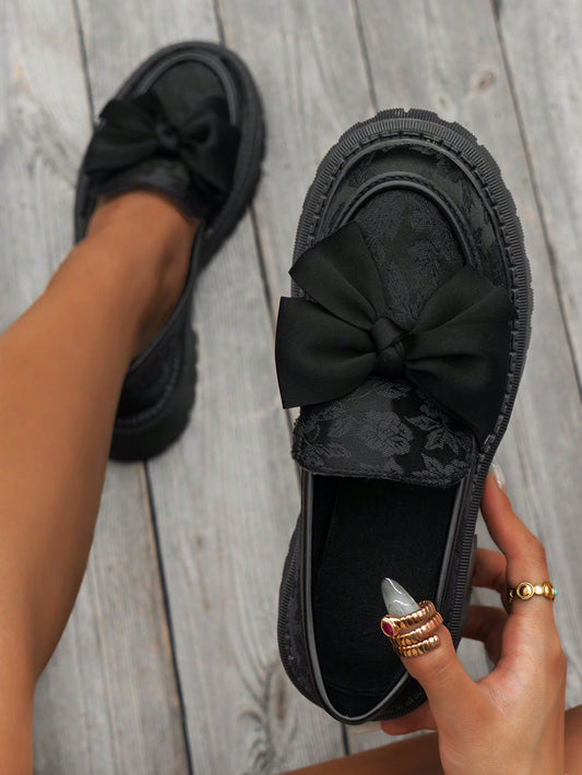 Black Wedges Thick Sole Loafers With Bow, Cloth Pattern, Chinese Style Slip-On, Casual Vintage Round-Toe Shoe