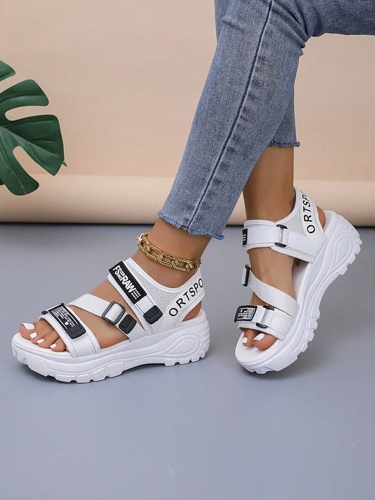 Women's Thick-Soled Hook And Loop Fastener Sandals Fashionable White School Shoes With Sports Back Strap, Beach Sandals