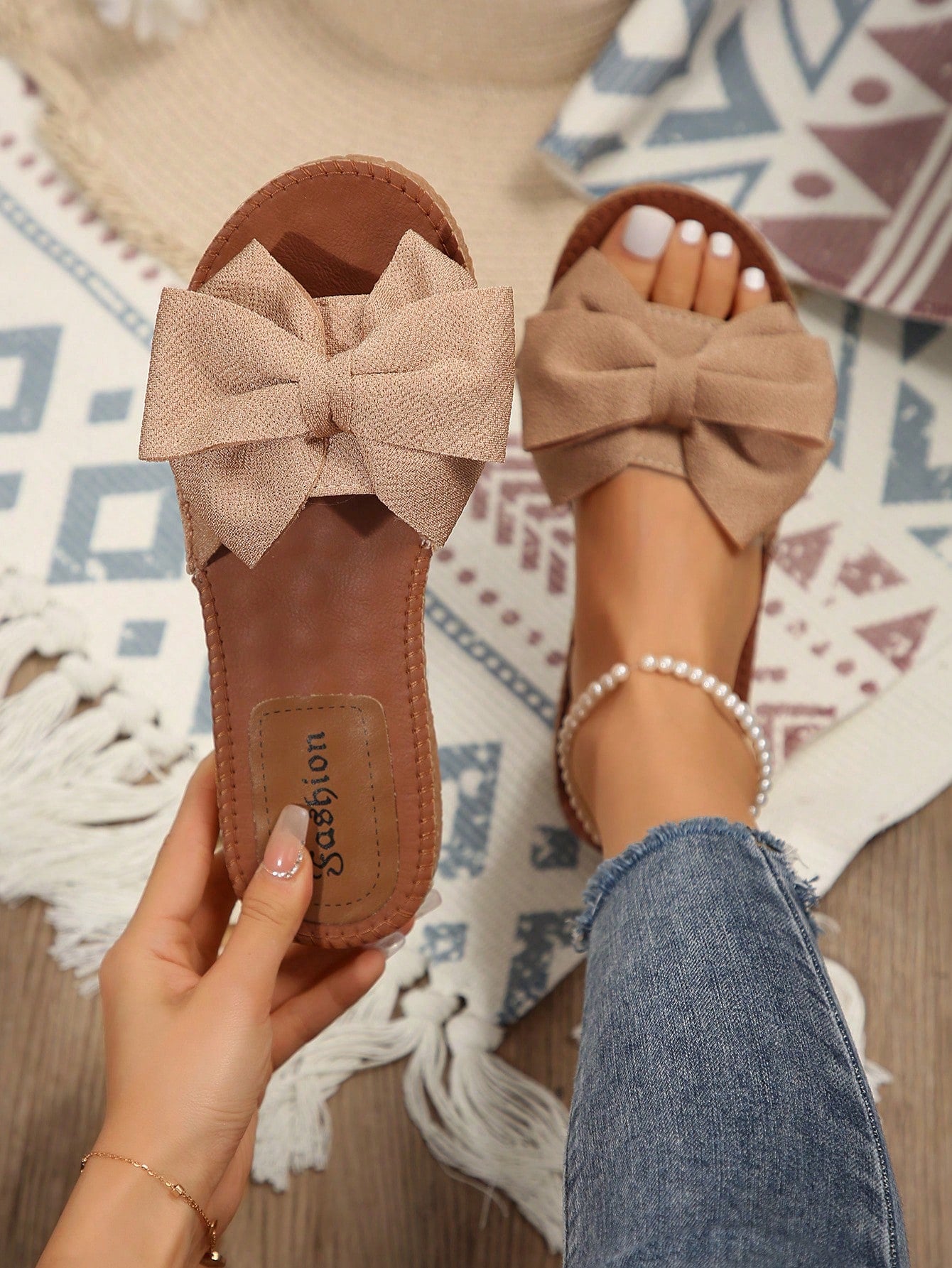 Women Bow Decor Slide Sandals, Fashion Summer Flat Sandals