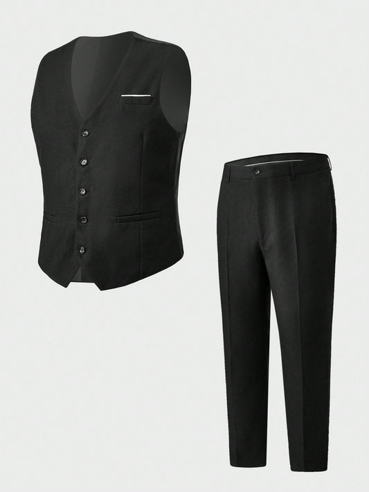 Plus Size Men's Business Style Solid Color Vest And Long Pants Set