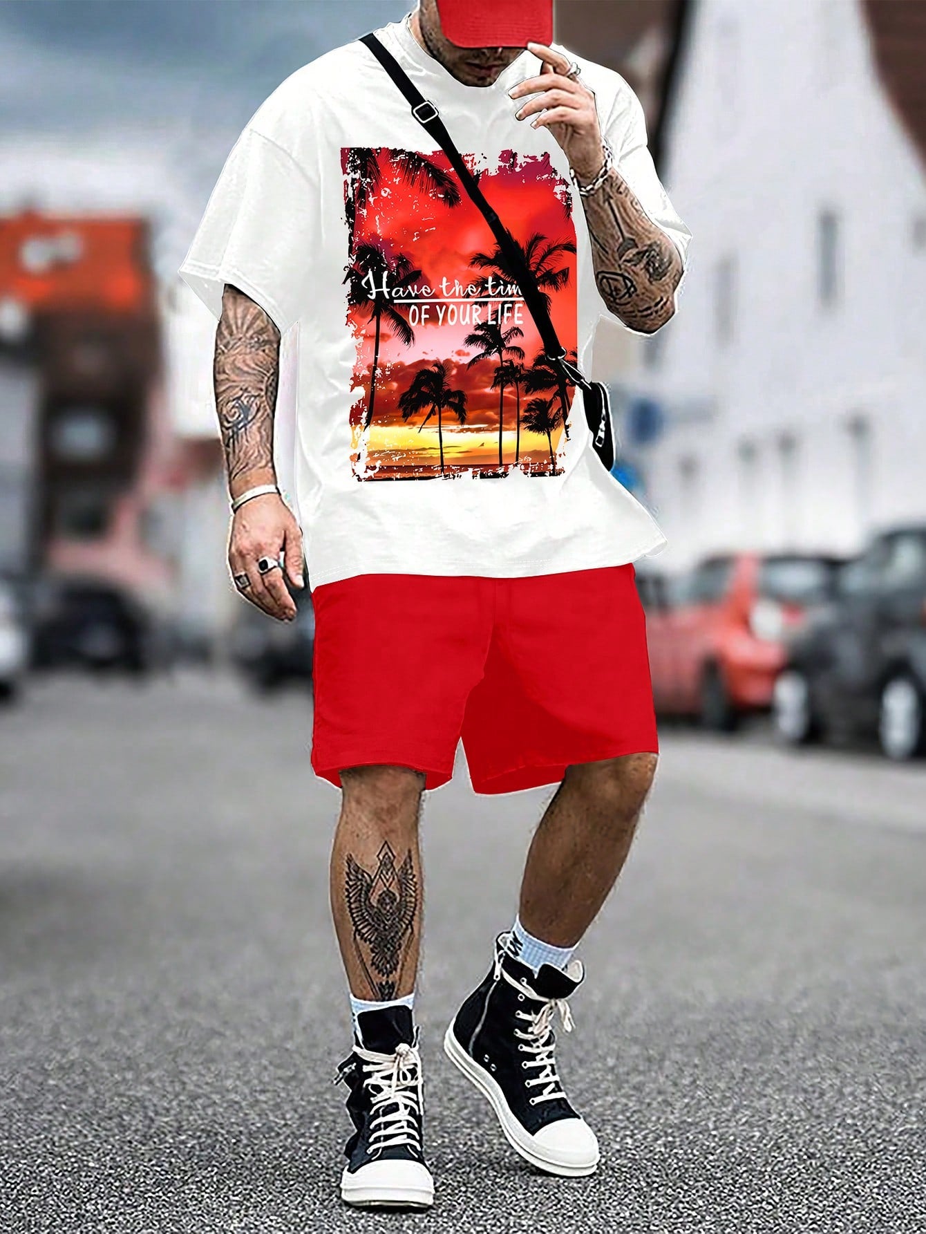 Men's Summer Slogan Palm Tree Printed Round Neck Short Sleeve Casual T-Shirt And Drawstring Waist Shorts Set