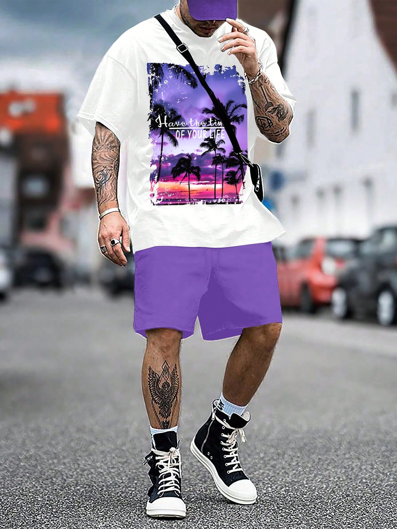 Men's Summer Slogan Palm Tree Printed Round Neck Short Sleeve Casual T-Shirt And Drawstring Waist Shorts Set