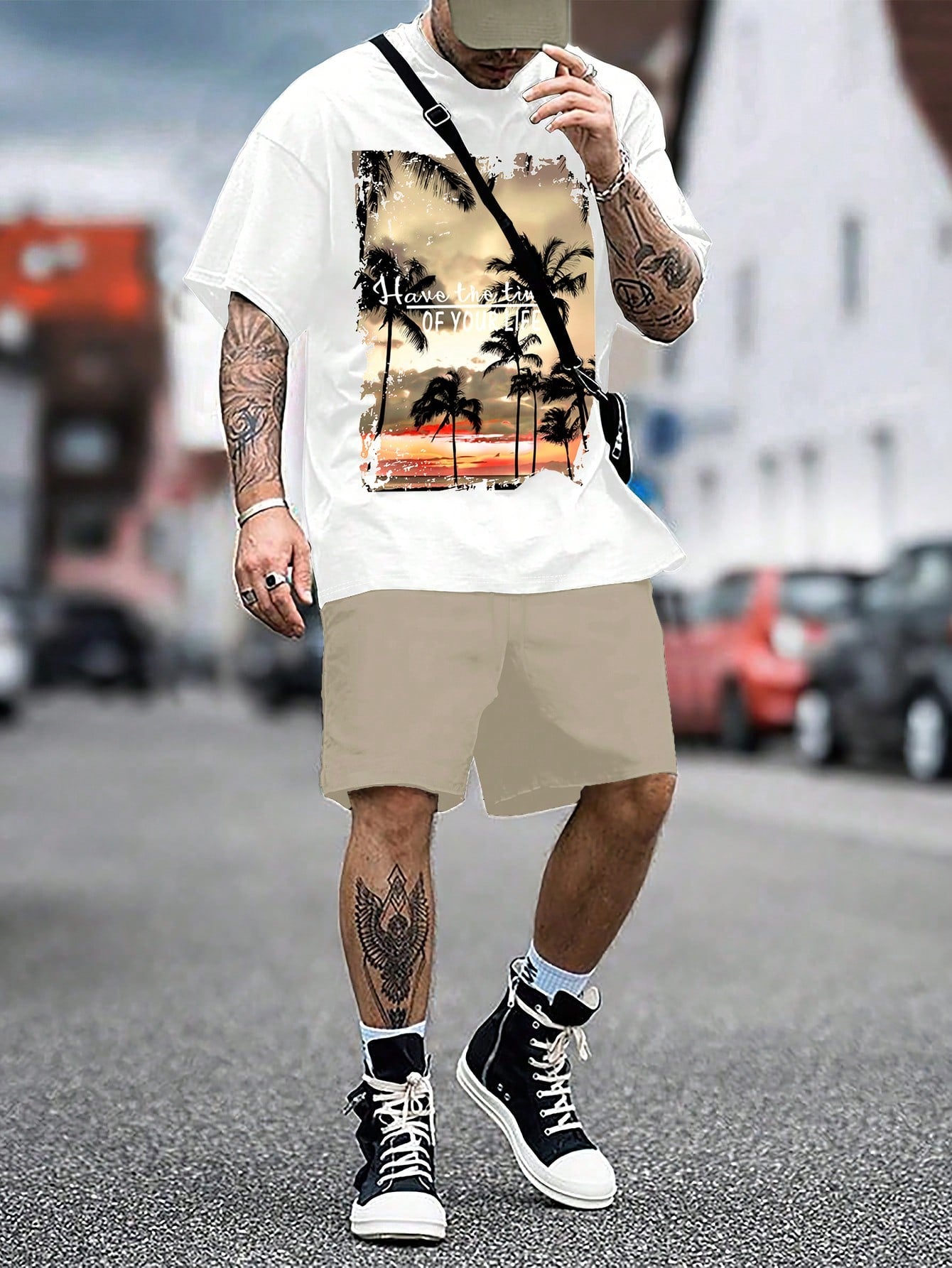 Men's Summer Slogan Palm Tree Printed Round Neck Short Sleeve Casual T-Shirt And Drawstring Waist Shorts Set