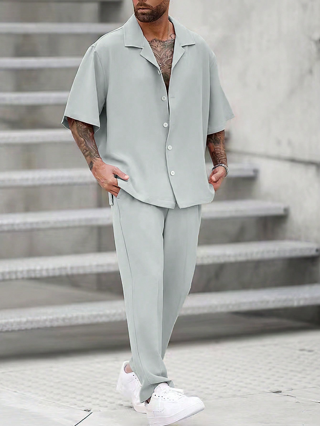 Loose Fit Men\ Solid Color Lapel Neck Shirt & Pants Set