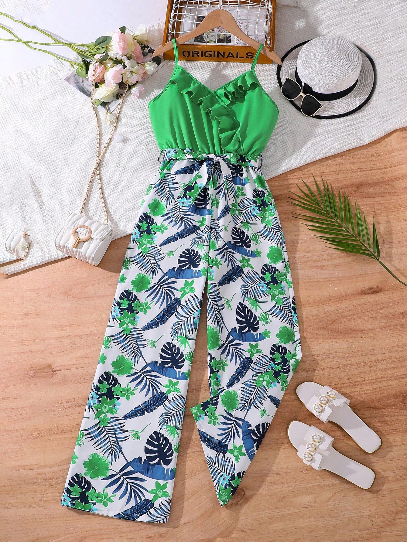 Teen Girls' Floral Print Vacation Style Sleeveless Cami Jumpsuit