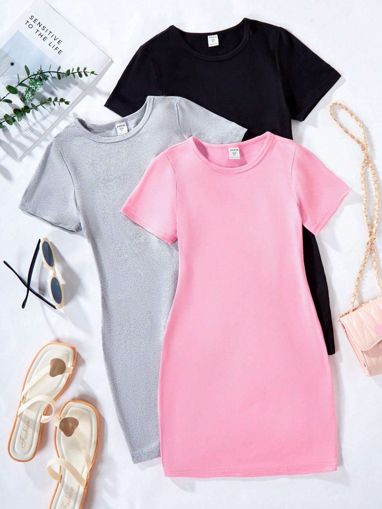 Tween Girl Simple Solid Color Short Sleeve Dress