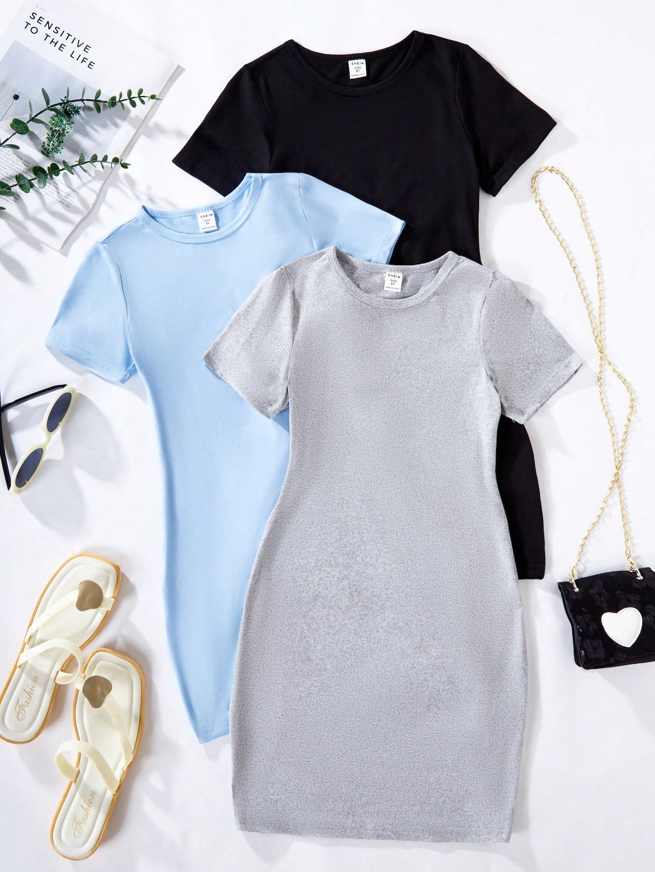 Tween Girl Round Neck Solid Color Casual Short Sleeve Dress, Simple Everyday Wear