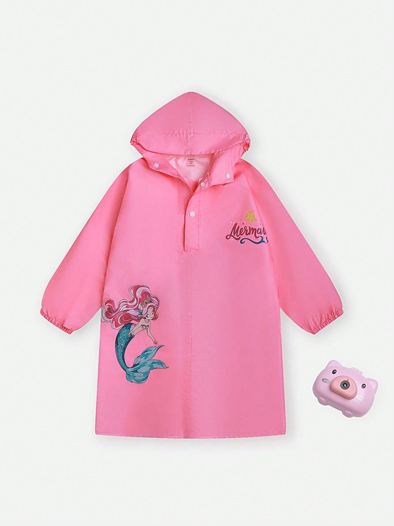 Kids' Mermaid Printed Hooded Raincoat With Front Buttons, Pink