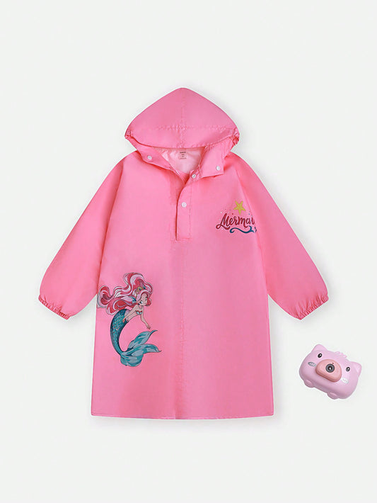 Kids' Mermaid Printed Hooded Raincoat With Front Buttons, Pink