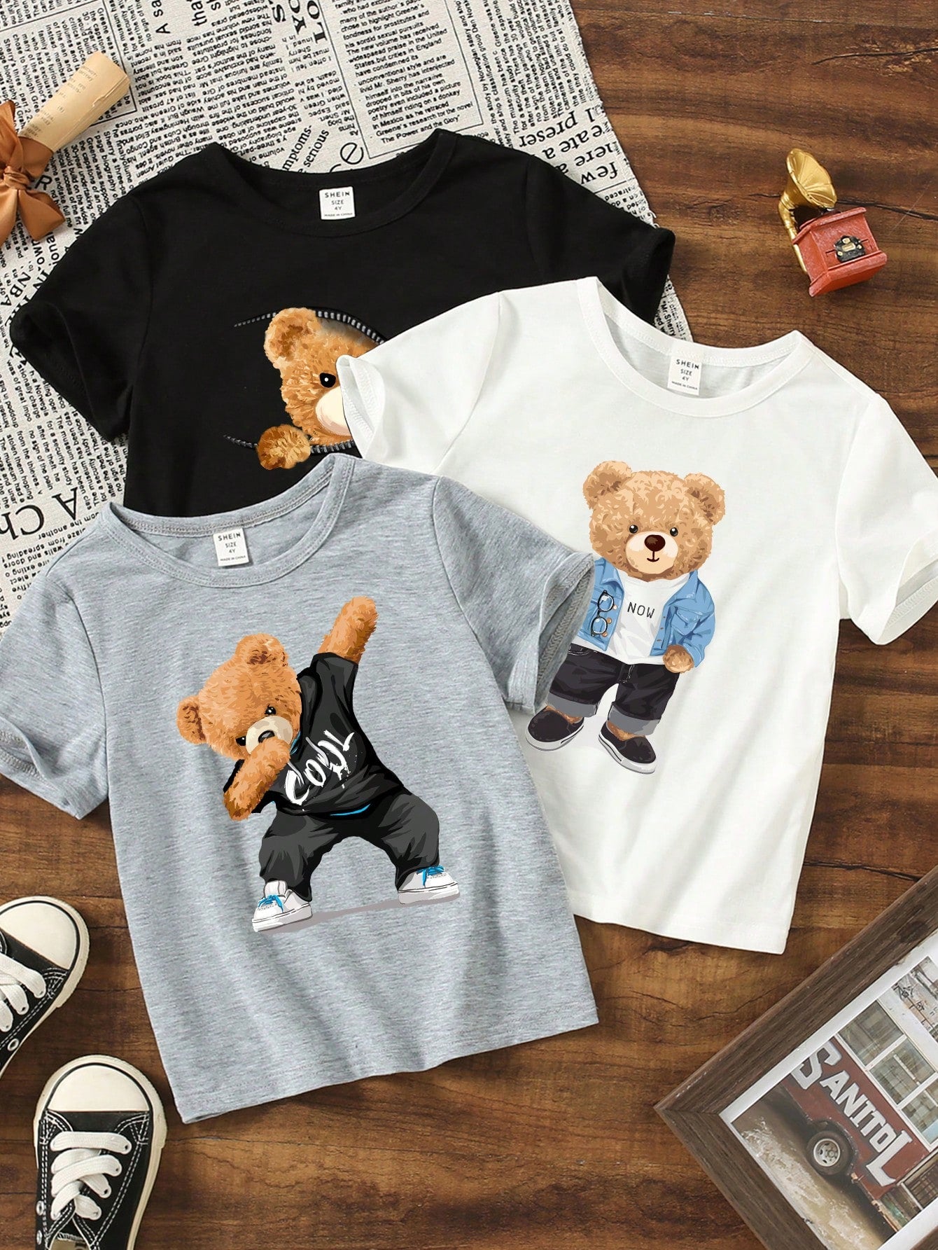 Bear, Cute Bear, Cool Bear, Set Of 3 T-Shirts, Young Boy Casual Minimalist Crewneck Short Sleeve T-Shirt[Suitable For Summer]