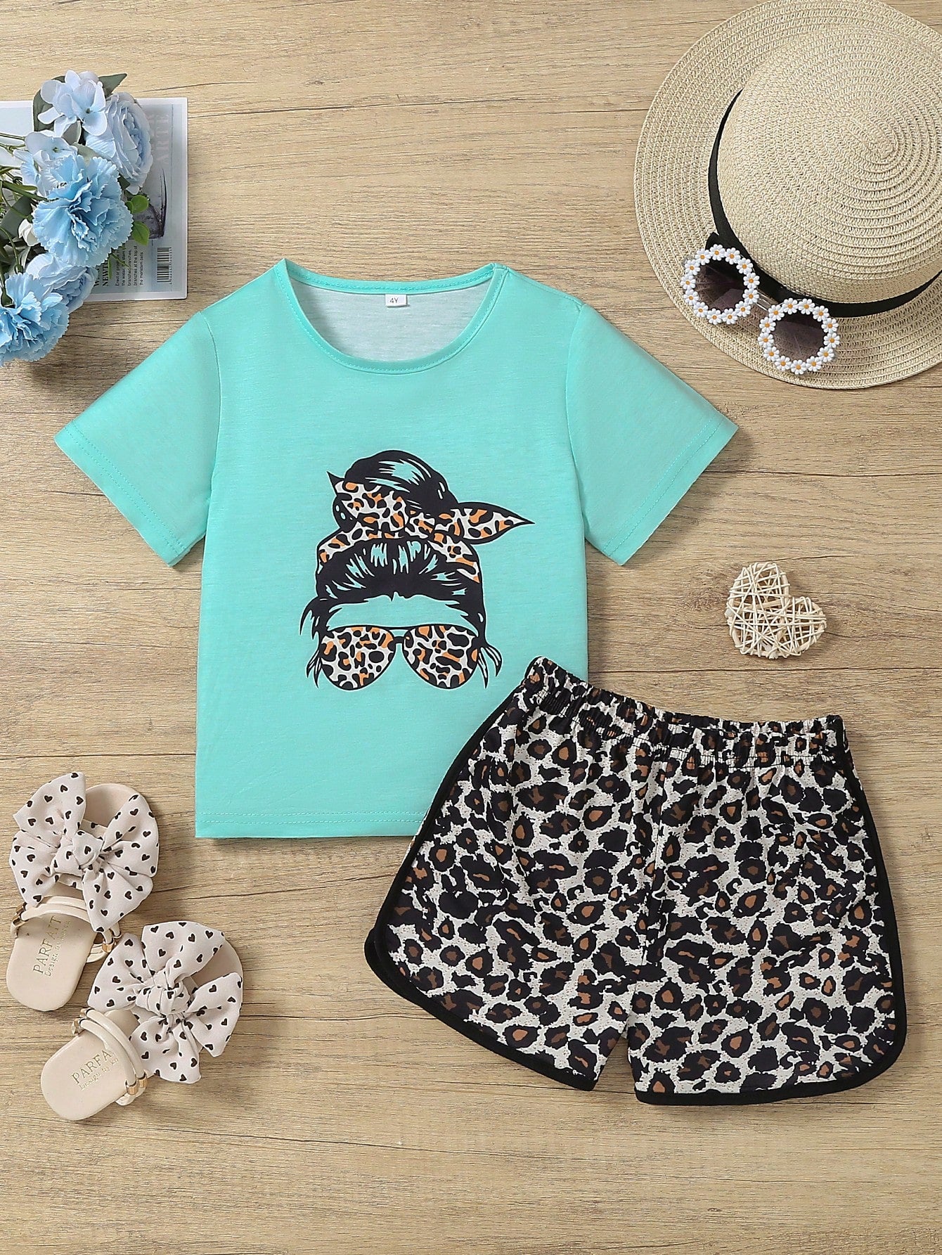 Young Girl Character Printed Short Sleeve T-Shirt And Elastic Waistband Colorblock Leopard Shorts Set