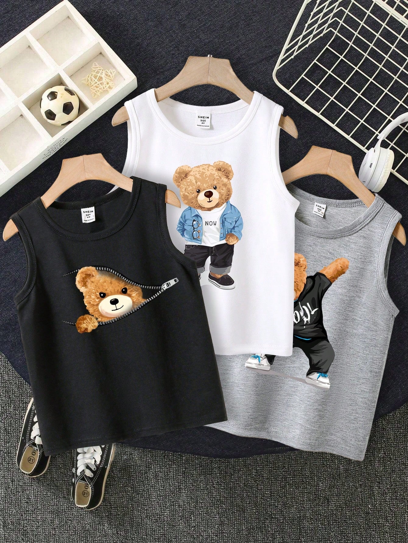 Cool Bear & Young Boy Casual Cartoon Bear Pattern 3-Pack Vest, Perfect For Summer