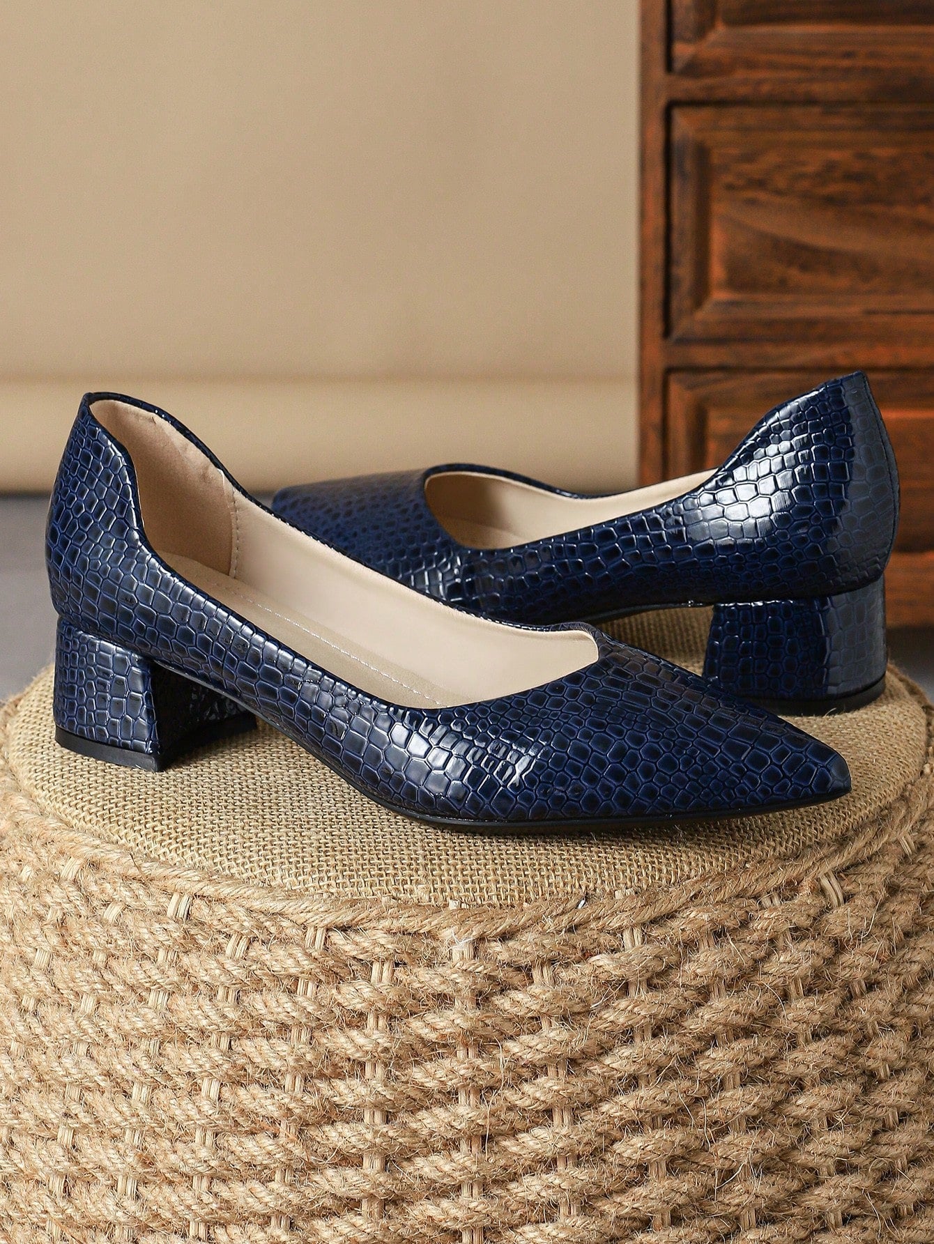 Women's Fashion Pointed Toe Chunky Heel Pump Shoes, Elegant And Casual Navy Blue Color For Autumn