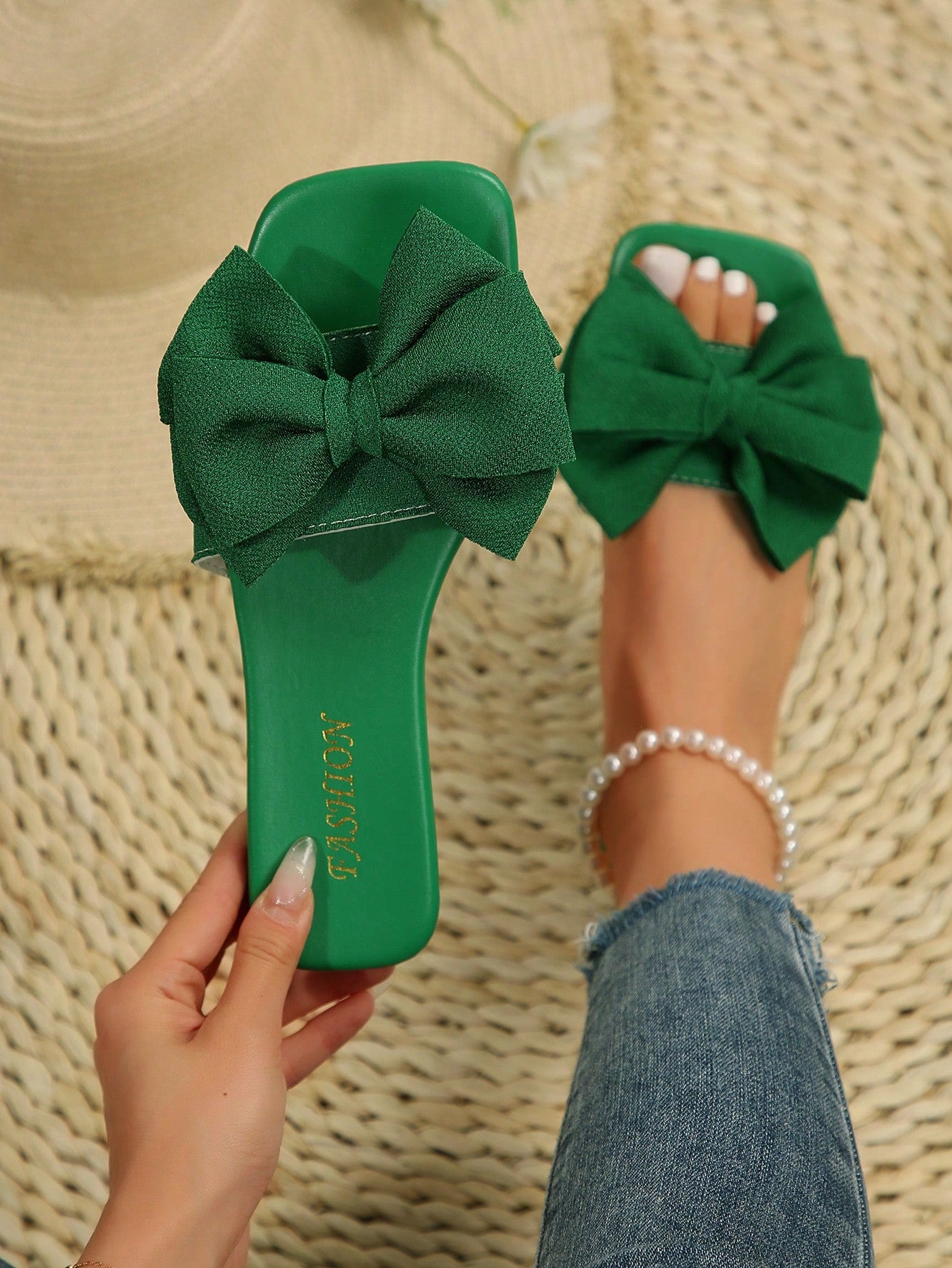 Women's Bow Embellished Slippers, Fashionable Summer Flat Sandals