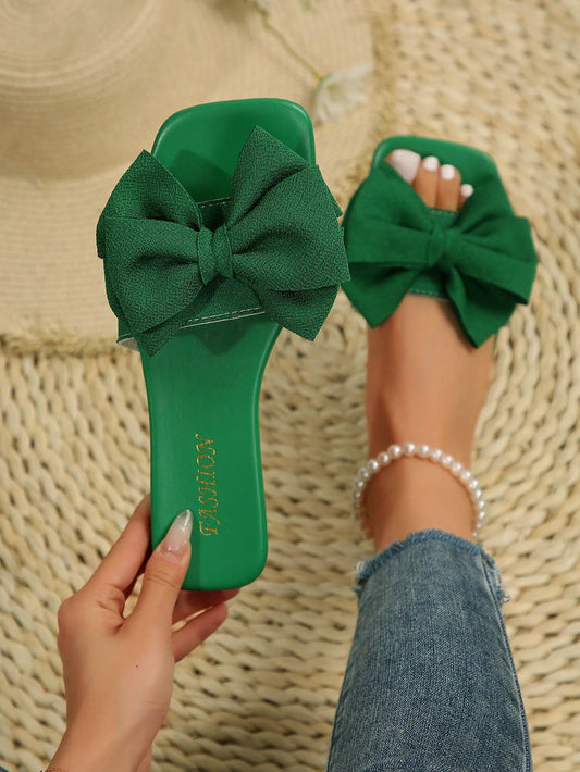 Women's Bow Embellished Slippers, Fashionable Summer Flat Sandals