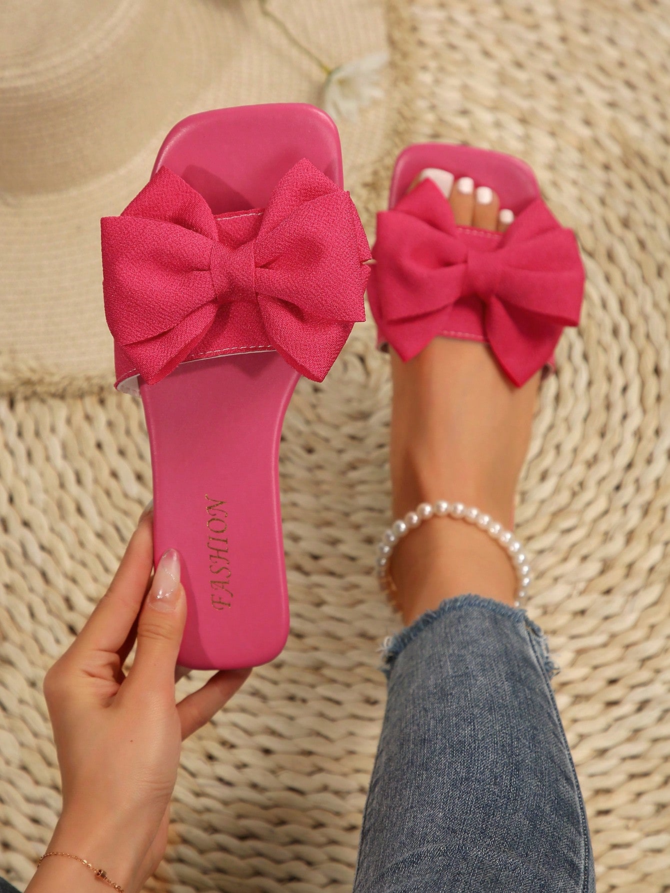 Women's Bow Embellished Slippers, Fashionable Summer Flat Sandals