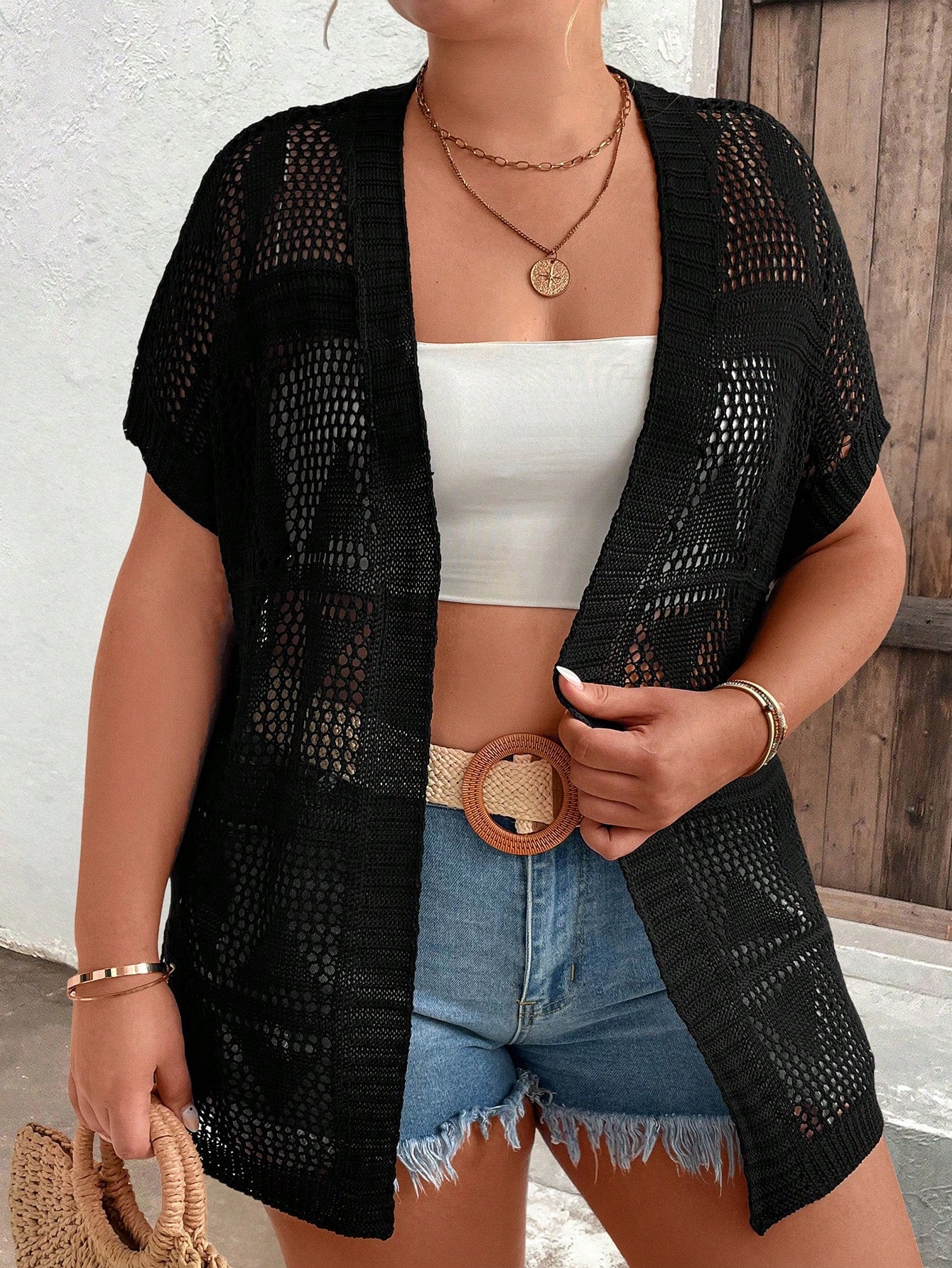 Plus Size Summer Solid Color Knitted Casual Short Sleeve Cardigan