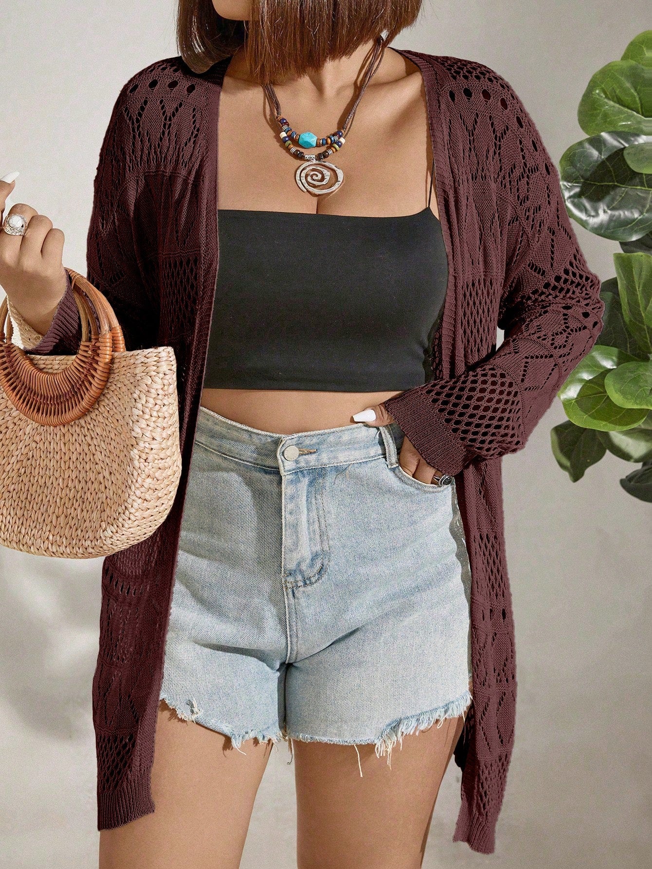 Plus Size Solid Color Hollow Knitted Cardigan For Casual Wear