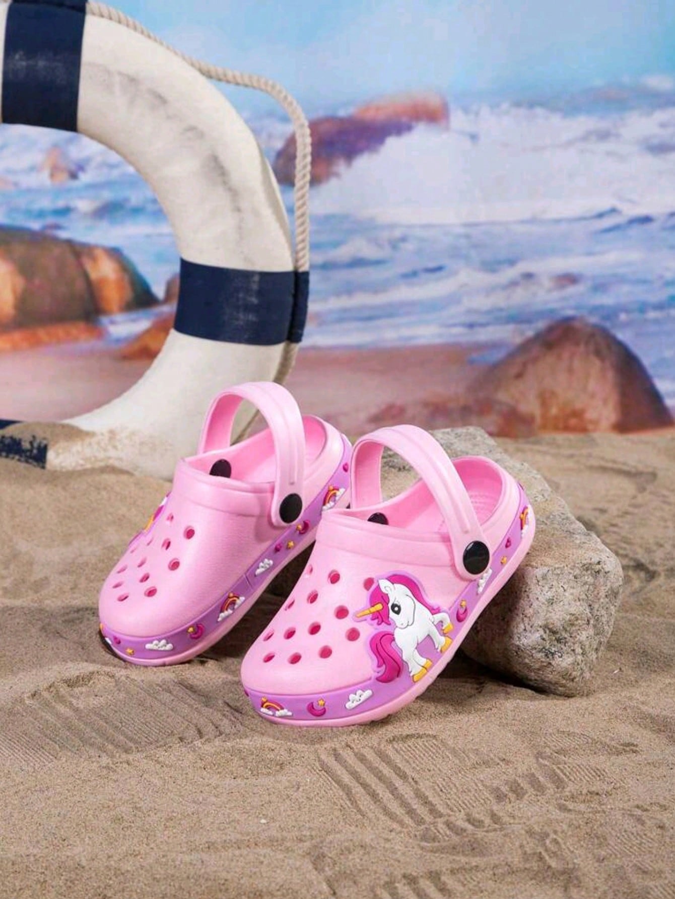 Kid Cute Cartoon Unicorn Perforated Shoes, Summer Beach Vacation Outdoor Swimming Pool Slip-On Sandals, Anti-Slip Closed Toe Hollow Hole Shoes In Pink For Girls