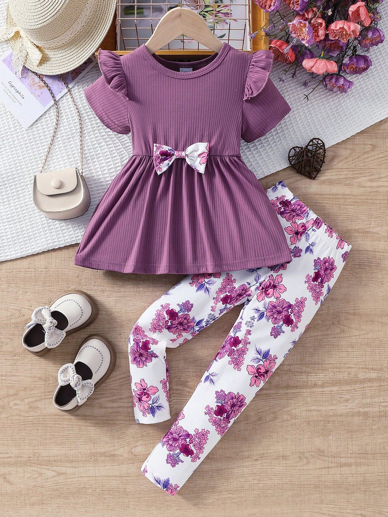 Young Girl Trendy Fashion 2pcs Clothes Set, Including A Purple Bowknot Top And A Purple Flower Printed  Long Pants