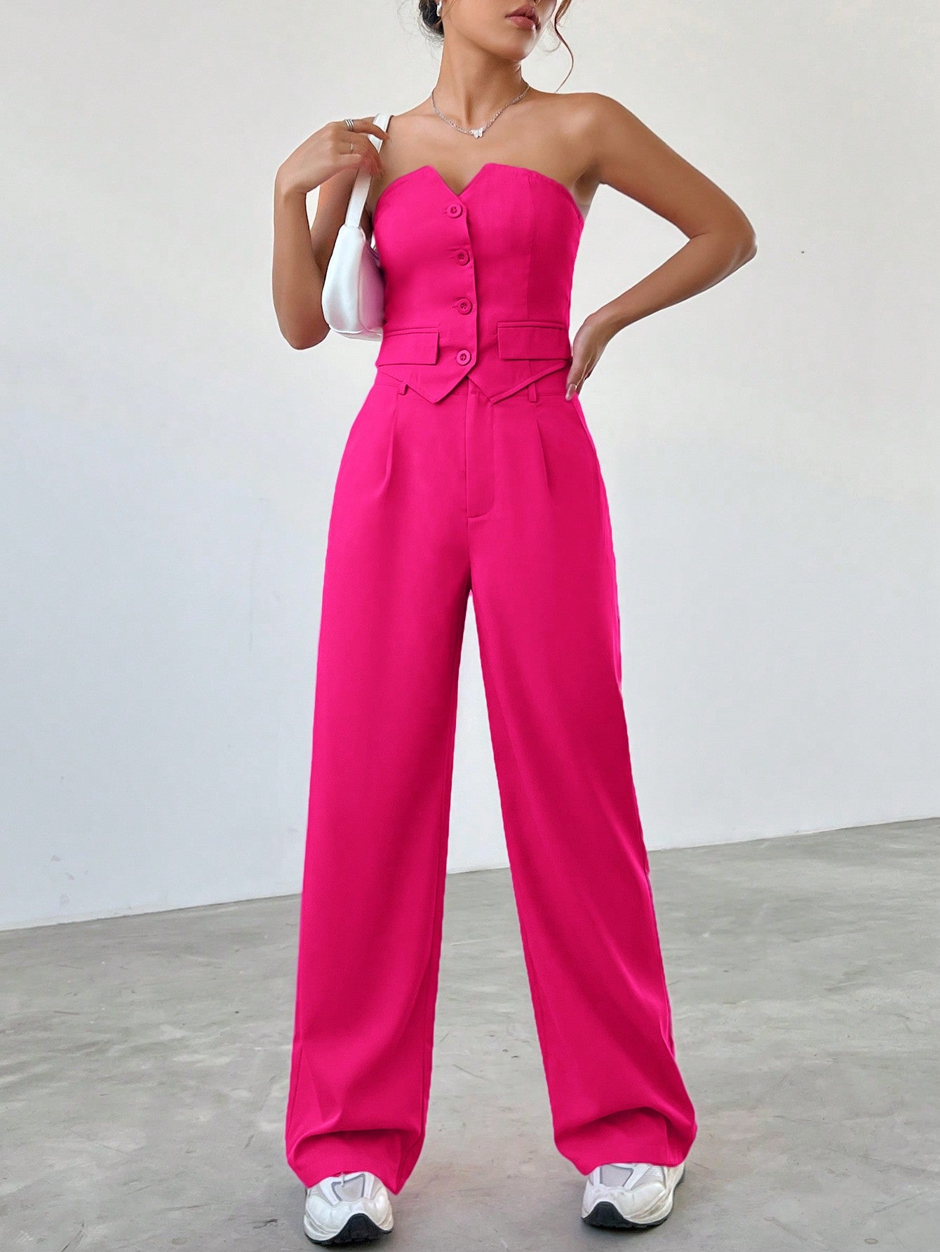 Women Summer Loose Casual Two-Piece Set With Single-Breasted Bustier With Asymmetrical Hem And Pleated Pants