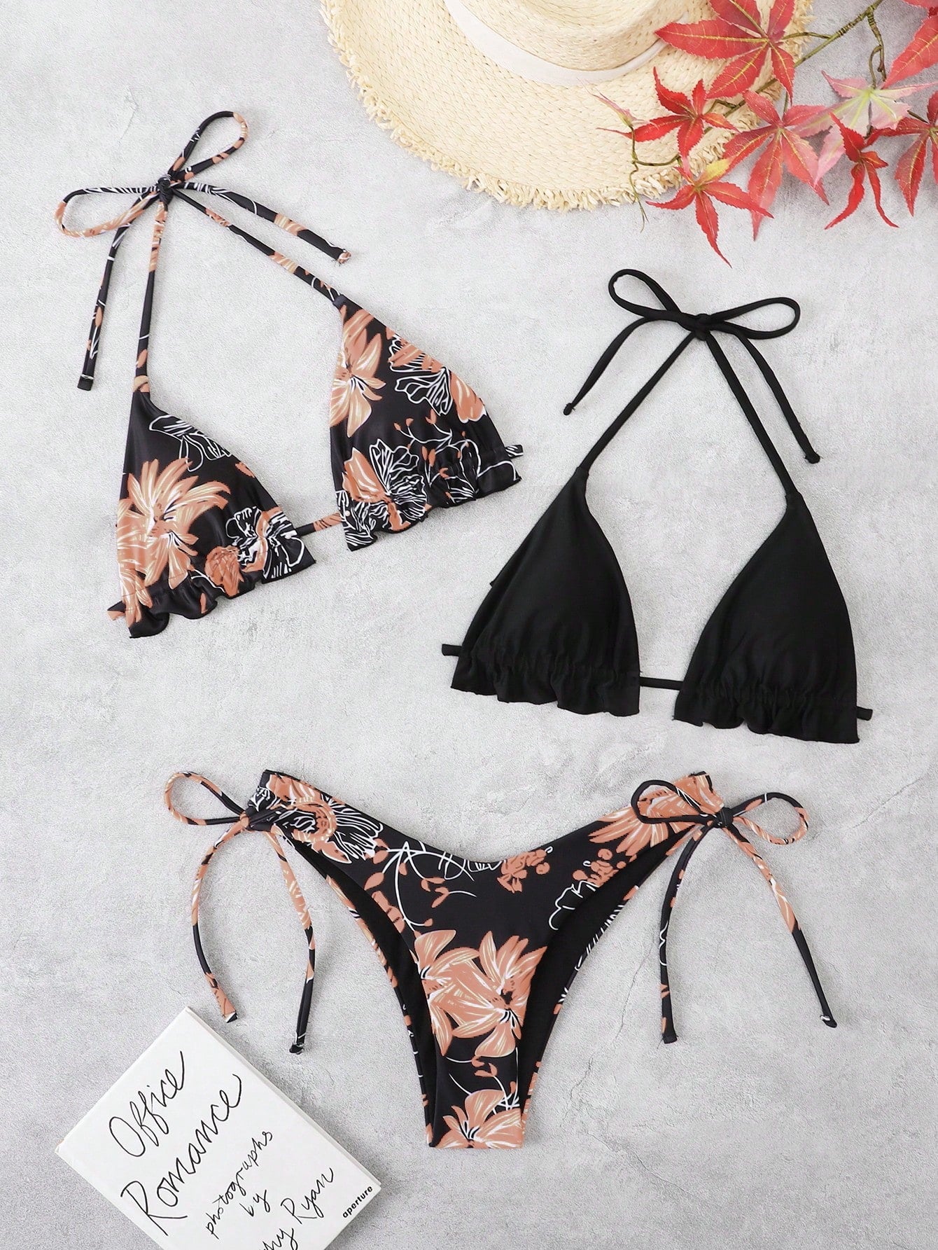 Swim Summer Beach 3packs Floral Print Halter Triangle Bikini & Bikini Top