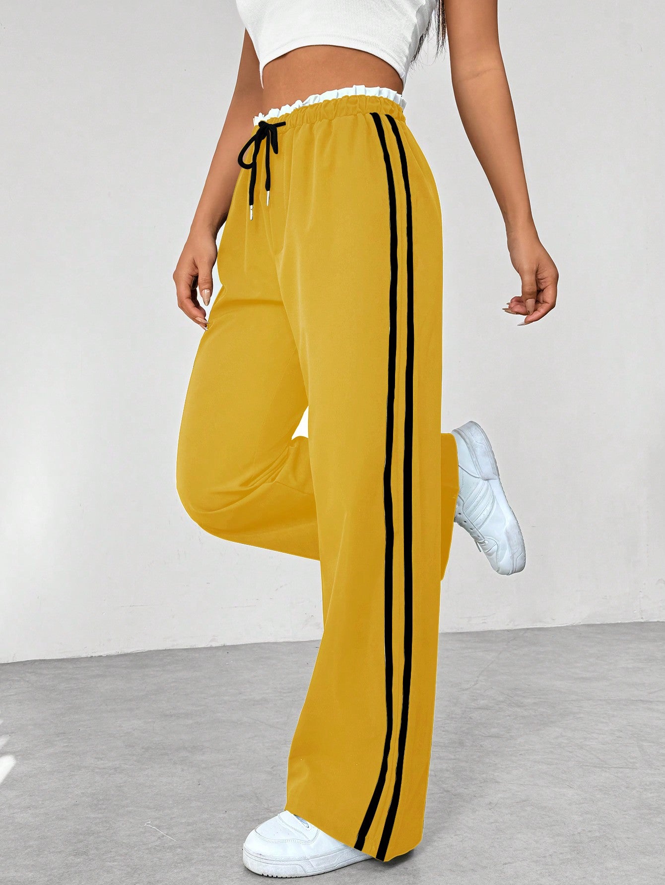 Colorblock Striped Paper Bag Waist Straight Leg Casual Pants