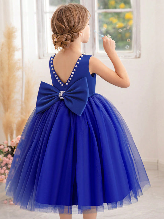 Young Girl Pearl Decorated Bowknot Back Deep V Dress Princess Dress Suitable For Girls Birthday Party Prom Party Festival Celebration Wedding Flower Girl Stage Performance Costume