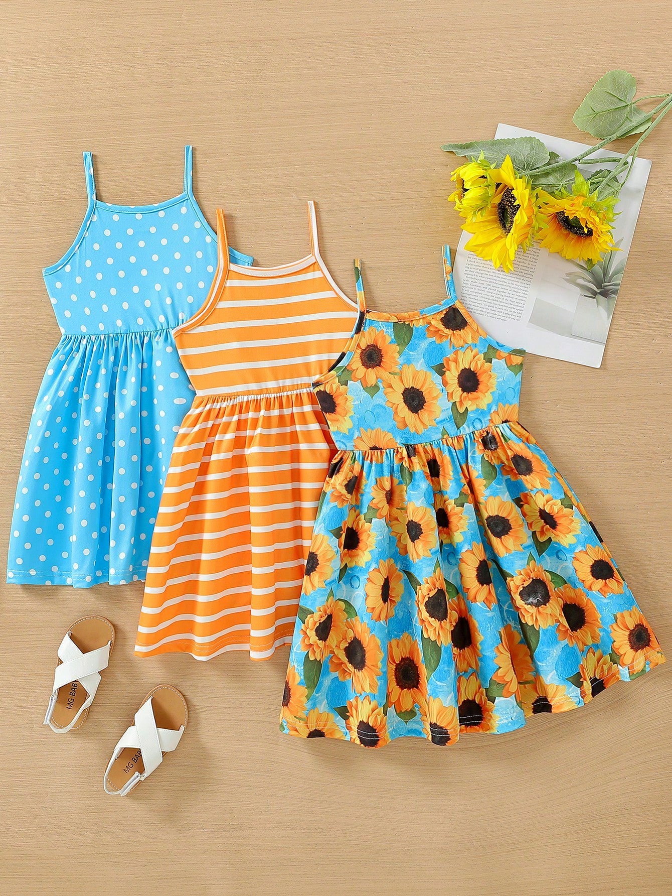 Young Girl Summer New 3pcs Spaghetti Strap Dress Set