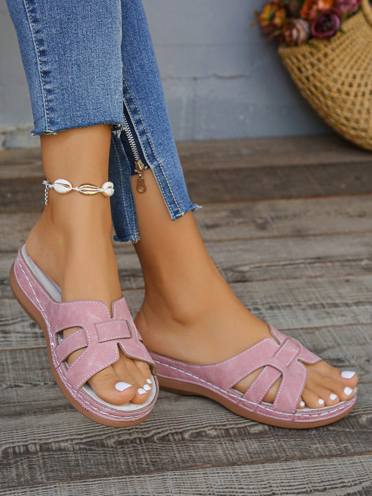 Women Round Toe Wedge Heel Platform Sandals, Summer New Fashionable American Country Style Pink Flip Flops, Lightweight Comfortable Ladies Shoes