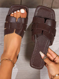 Women's Striped Snake Print Square Toe Flat Sandals For Vacation, Brown PU Slippers For Summer