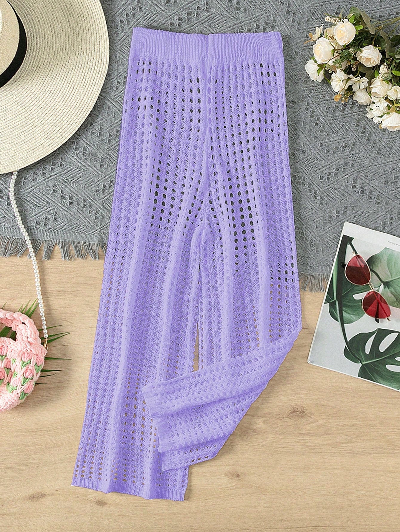 Tween Girl Summer Beach Holiday Hollow Out Knitted Elastic Waist Cover-Up Pants