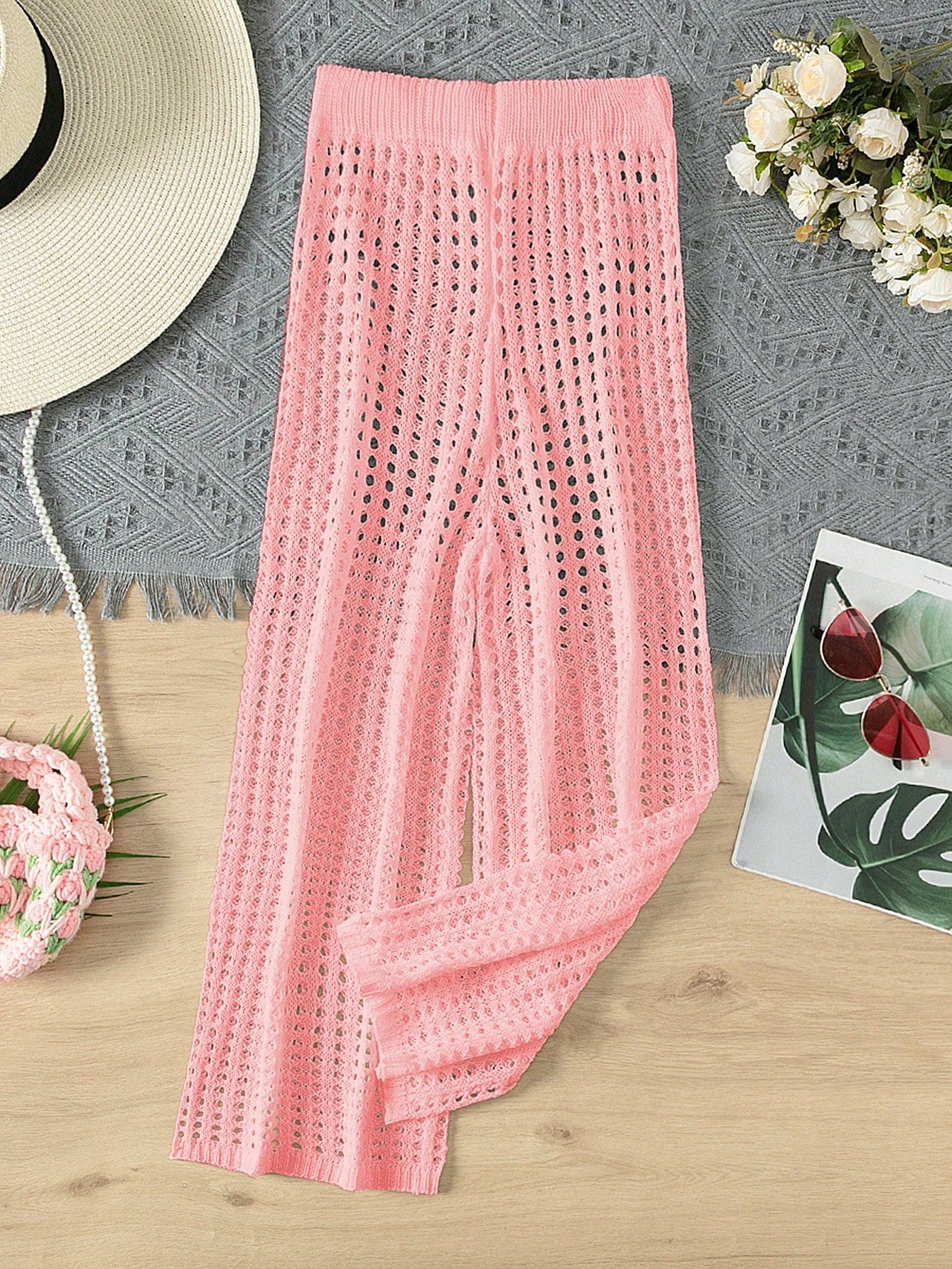 Tween Girl Summer Beach Holiday Hollow Out Knitted Elastic Waist Cover-Up Pants