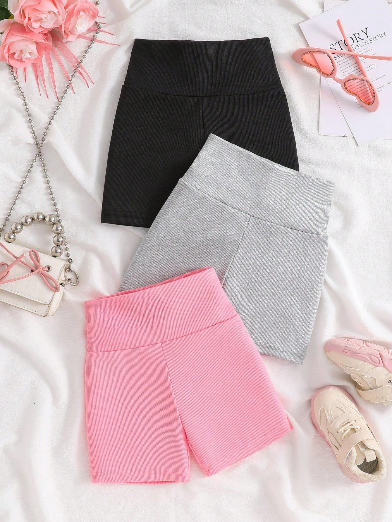 Young Girl 3pcs Solid Color High Waist Shorts Set