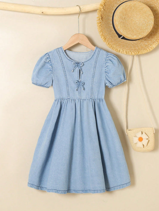 YOUNG GIRL Casual And Lovely Puff Sleeve Denim Dress, Adorned With Bowknots