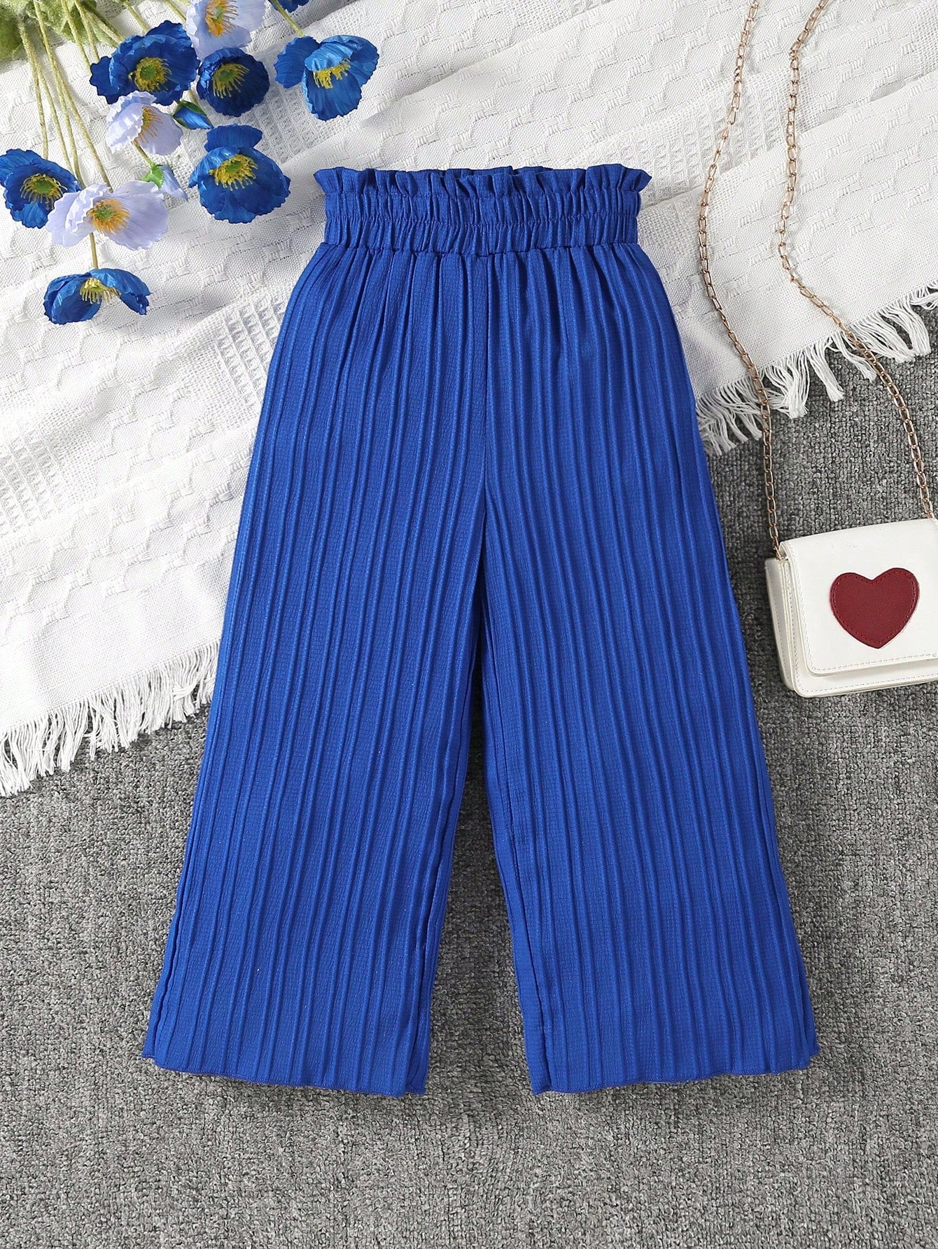 Young Girl Solid Color Elastic High Waisted Wide Leg Pants With Textured Finish