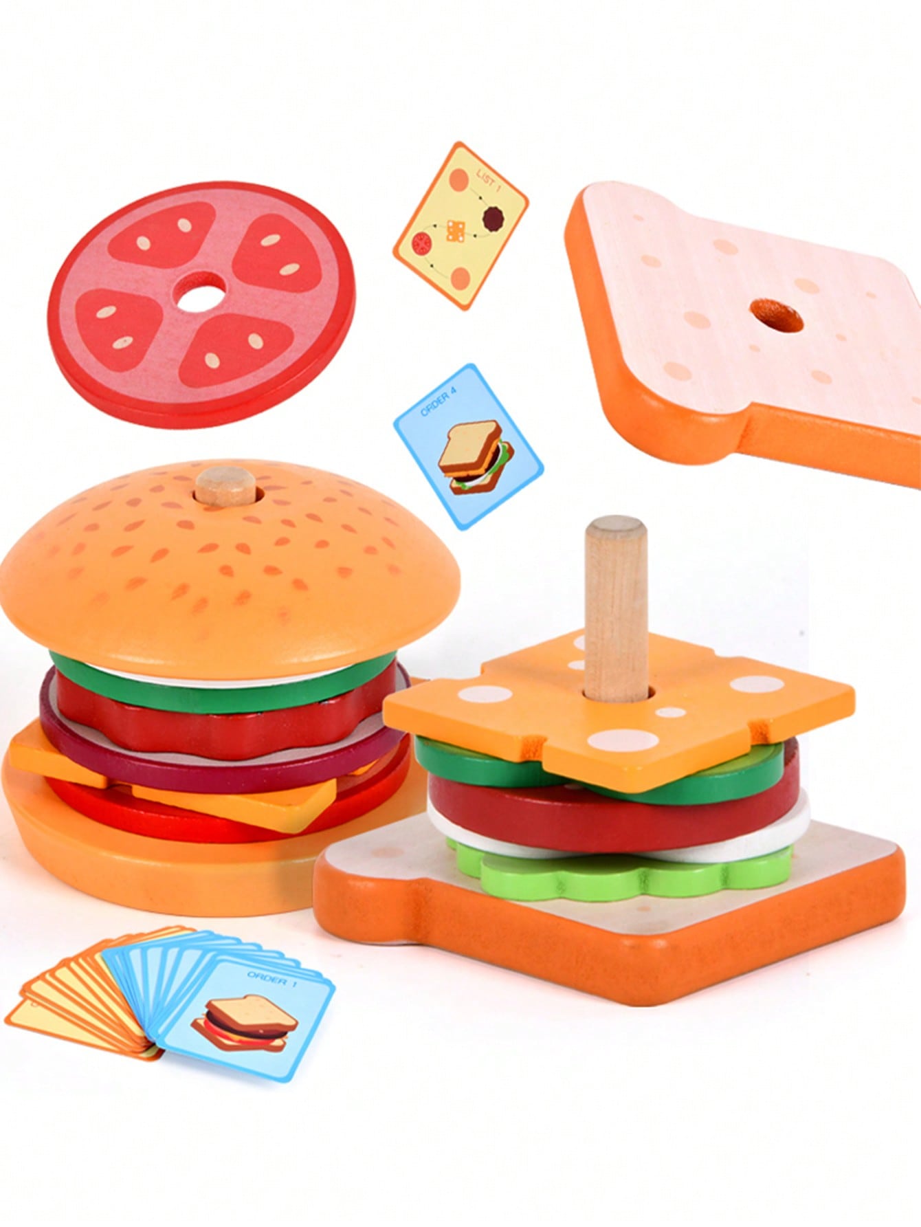 Kids Wooden Pretend Play Hamburger Set, Pillars Matching Puzzle Educational Building Blocks Toys