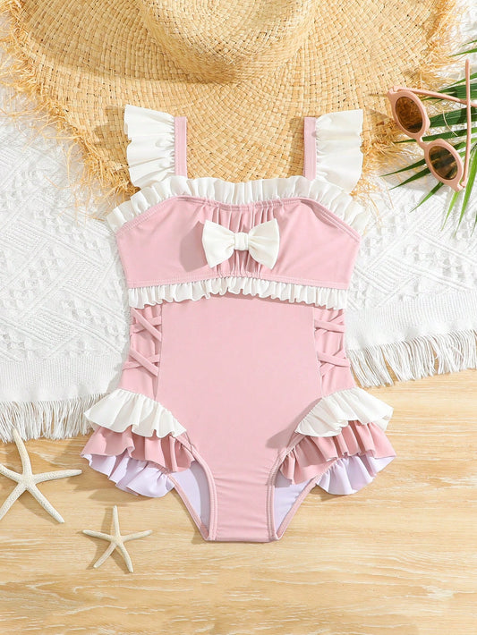 Young Girl Color Block 1pc Swimsuits With Lace & Bowknot Decor