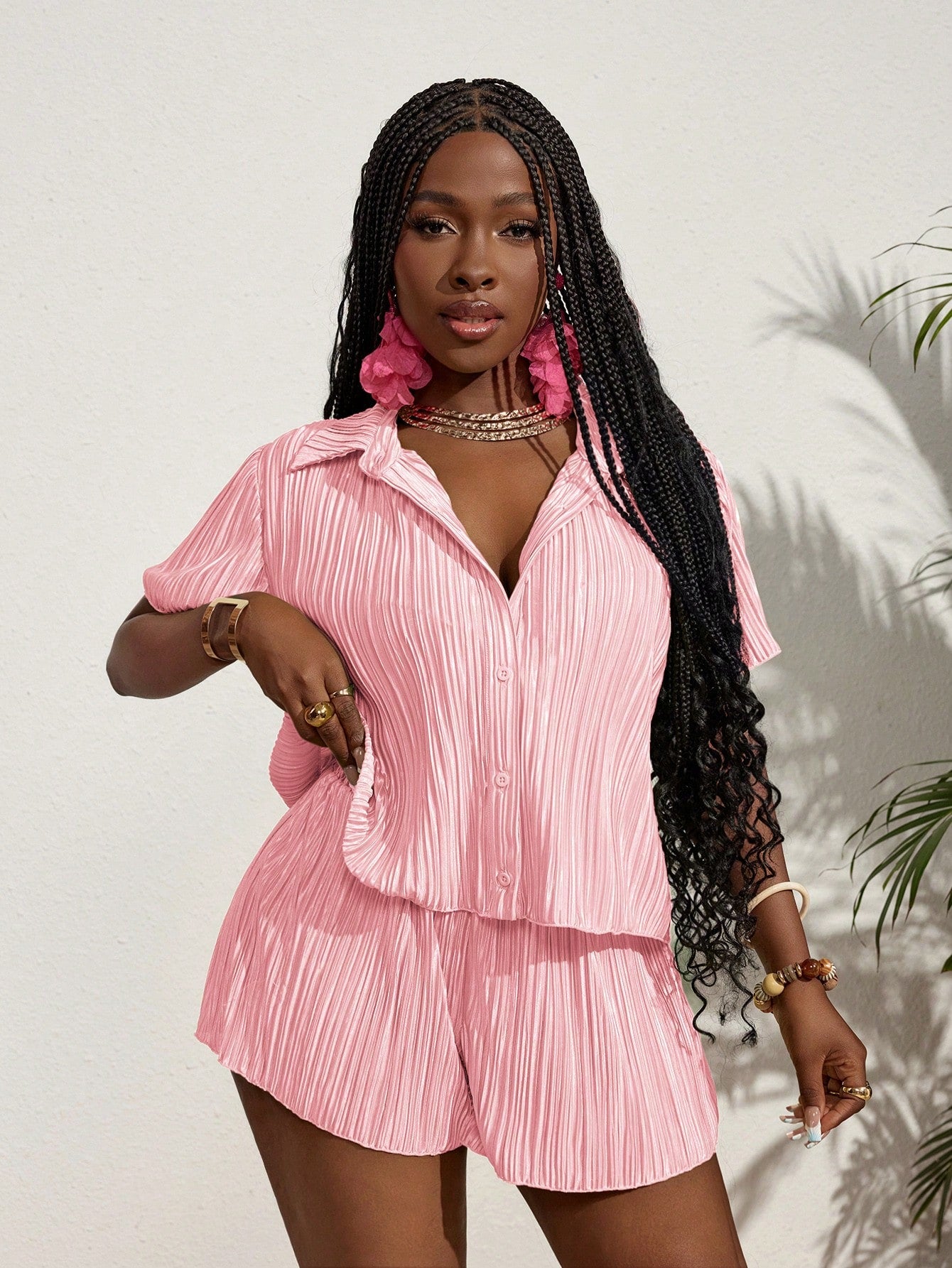 SLAYR Vacation Pleated Stripe Shirt Two-Piece Set For Women