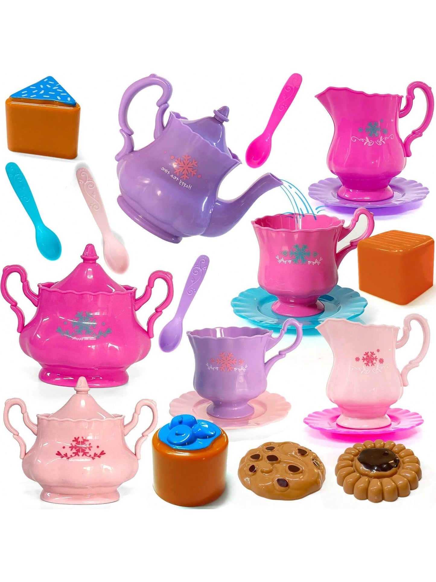 21Pcs Little Girls Tea Set, Tea Party Set, Kids Tea Set Including Teapot, Cookies And Pretend Food, Toddler Tea Party Accessory Toy, Random Color, Great Gift For Boys And Girls