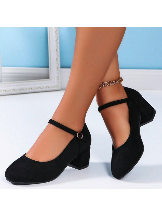 New Arrival Women Shallow Mouth Shoes, Elegant Round Toe Chunky Heeled Pumps, High Heels With Ankle Strap