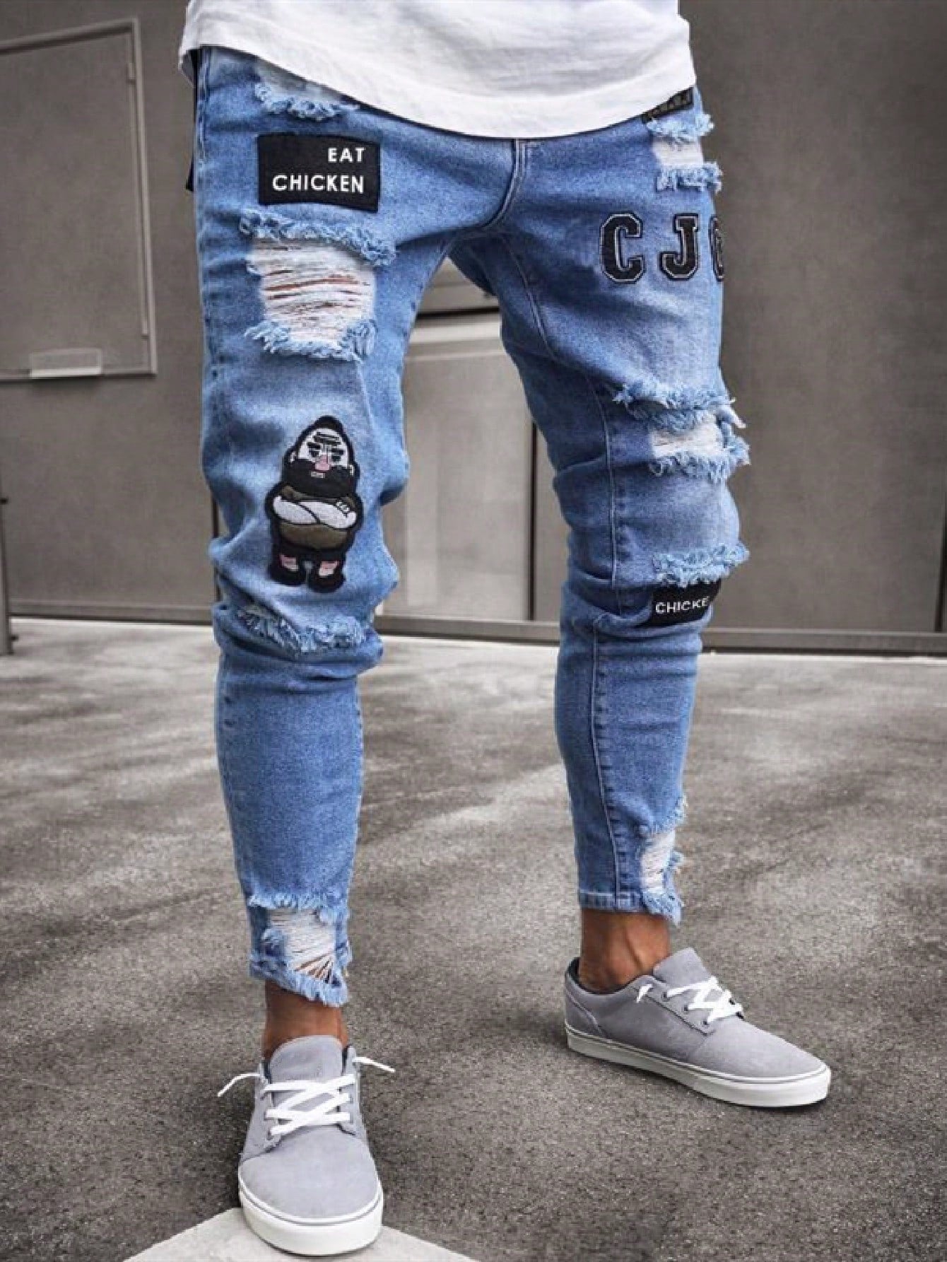 Men's Letter Patched Ripped Pocket Casual Denim Jeans