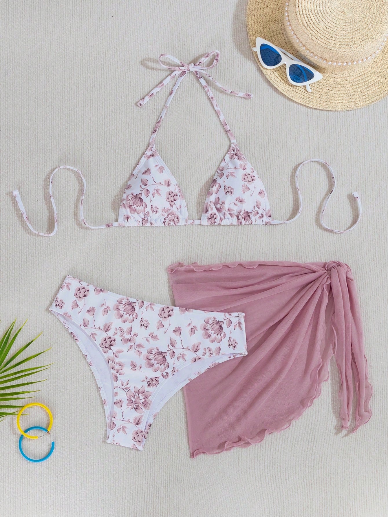 Swim Mod Summer Beach Floral Print Triangle Bikini Set With Beach Skirt