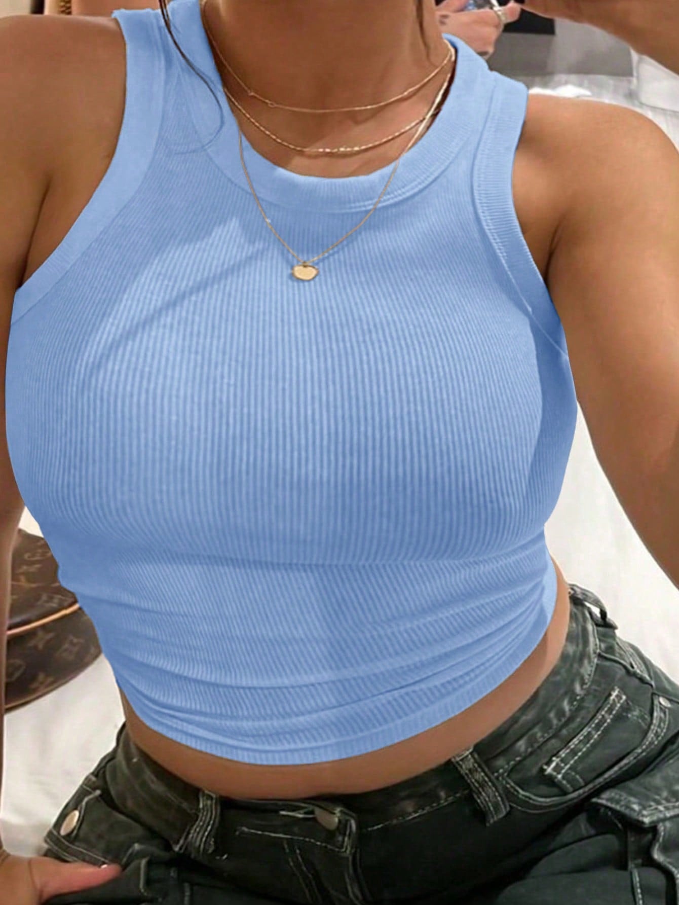 Plus Size Solid Color Rib-Knit Tight-Fitting Tank Top