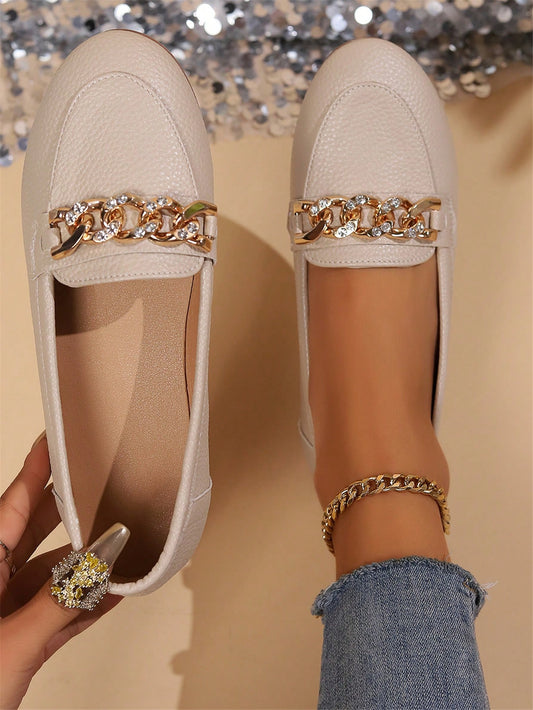 Women's Casual Round Toe Gold Chain Decor Loafers With Metal Decoration, Litchi Patterned Slip-On Flat Shoes, Elegant British Style 2024 Spring/Summer New Arrival, Apricot Color Soft Bottom Comfortable White Soft Bottom Flat Shoes, Women's Work Shoes, Whi