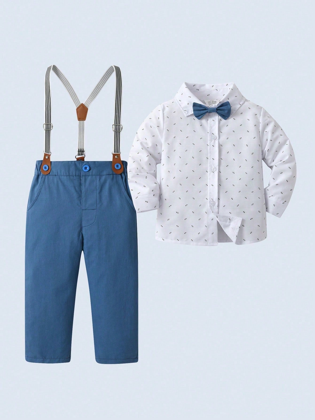 Young Boy 2pcs Gentlemen Suit, Random Printed Long Sleeve Shirt With Bow Tie And Suspender Pants, Ideal For Birthday Parties, Performances, Weddings, Baptisms, Etc.