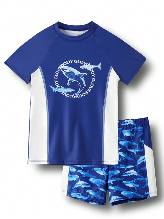 Tween Boy Swimwear Summer Two-Piece Set, Cool Quick-Drying Short-Sleeved Swimming Clothes For Kids