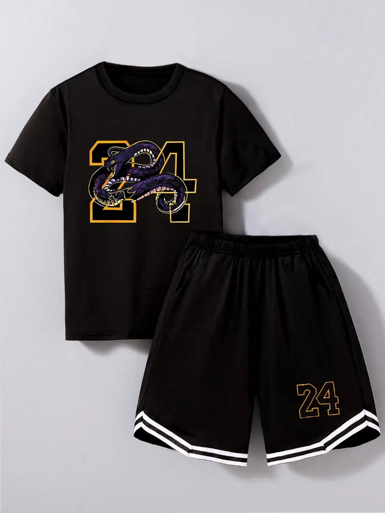 Tween Boy Street Cool Sportswear Two-Piece Set With Casual And Versatile Sports Style, Digital Snake 24 Printed Short Sleeved T-Shirt And Cool Shorts Set For Summer Wear