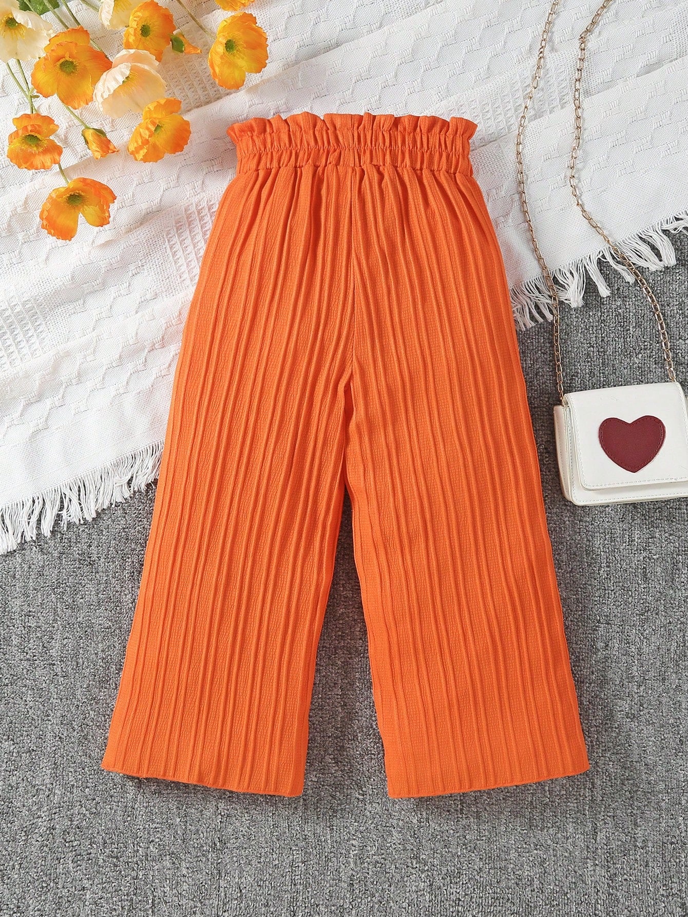 Young Girl Solid Color Elastic High Waisted Wide Leg Pants With Textured Finish