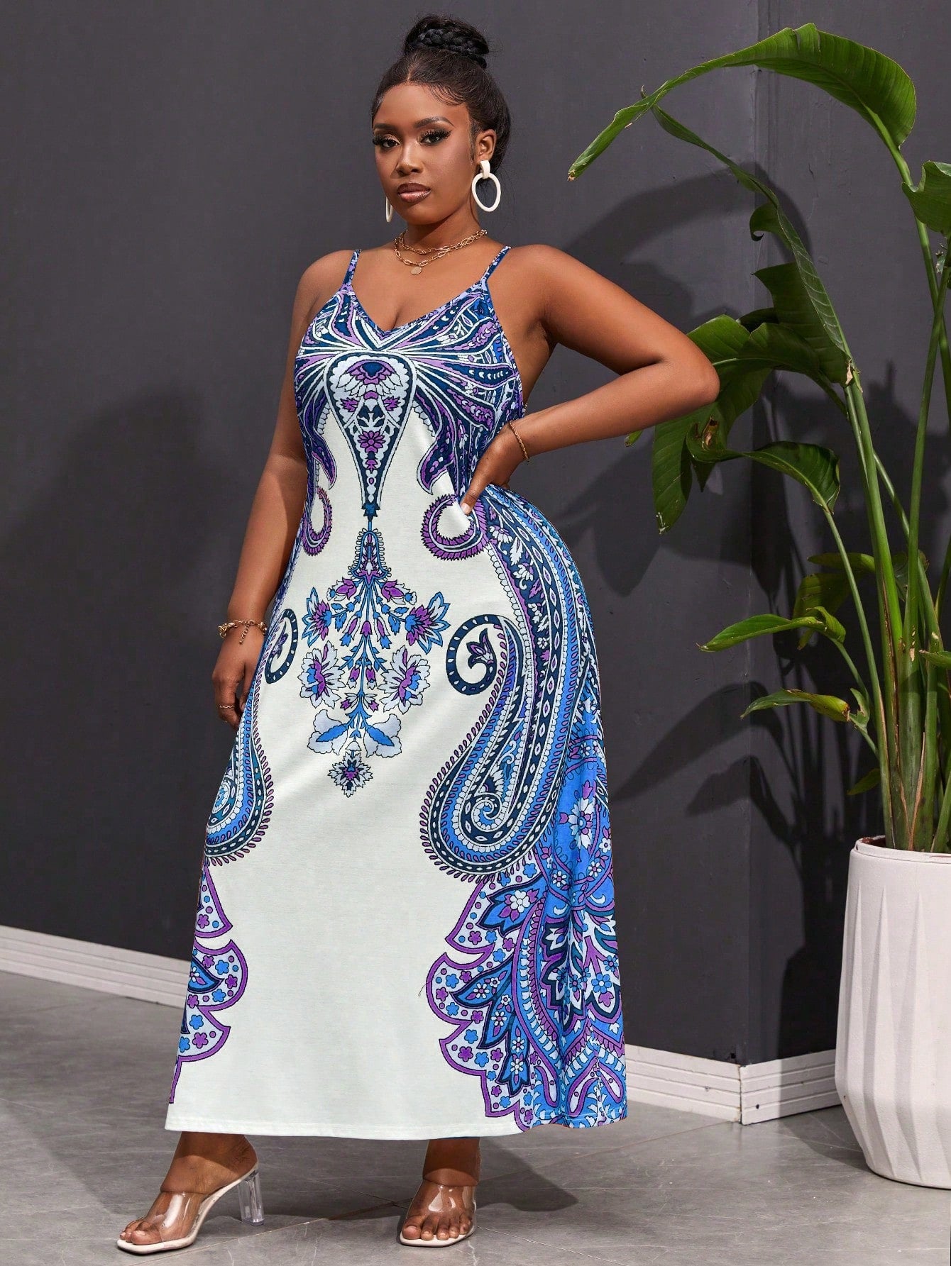 Plus Size Peplum Print Maxi Cami Dress, Perfect For Summer Vacation